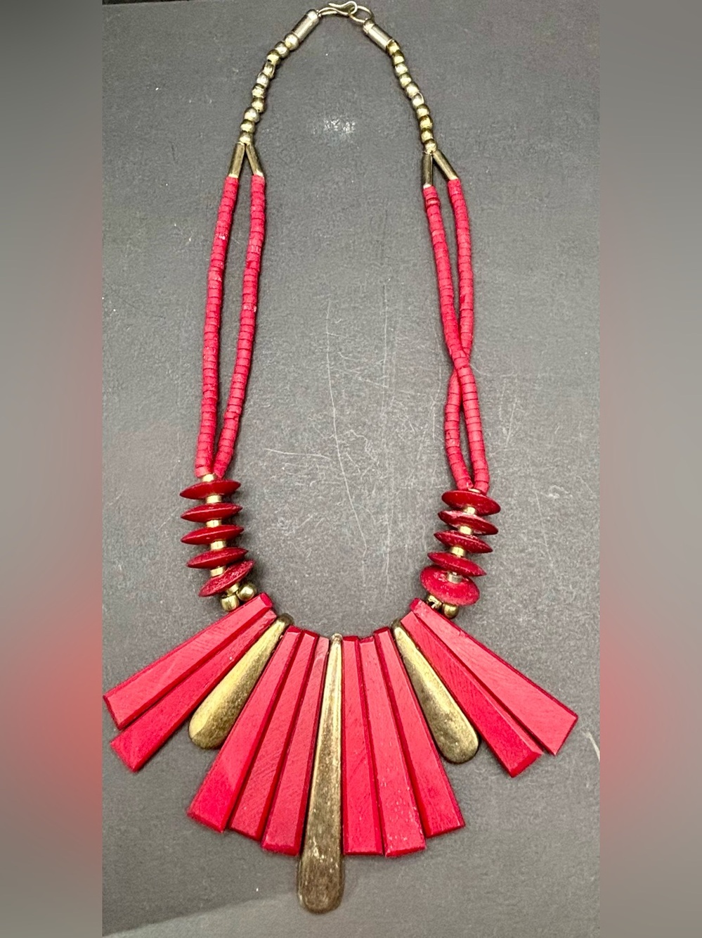 Vintage Red Brass Sunburst Bib Necklace Boho Fringe Fan Drop Collar 80s Tribal